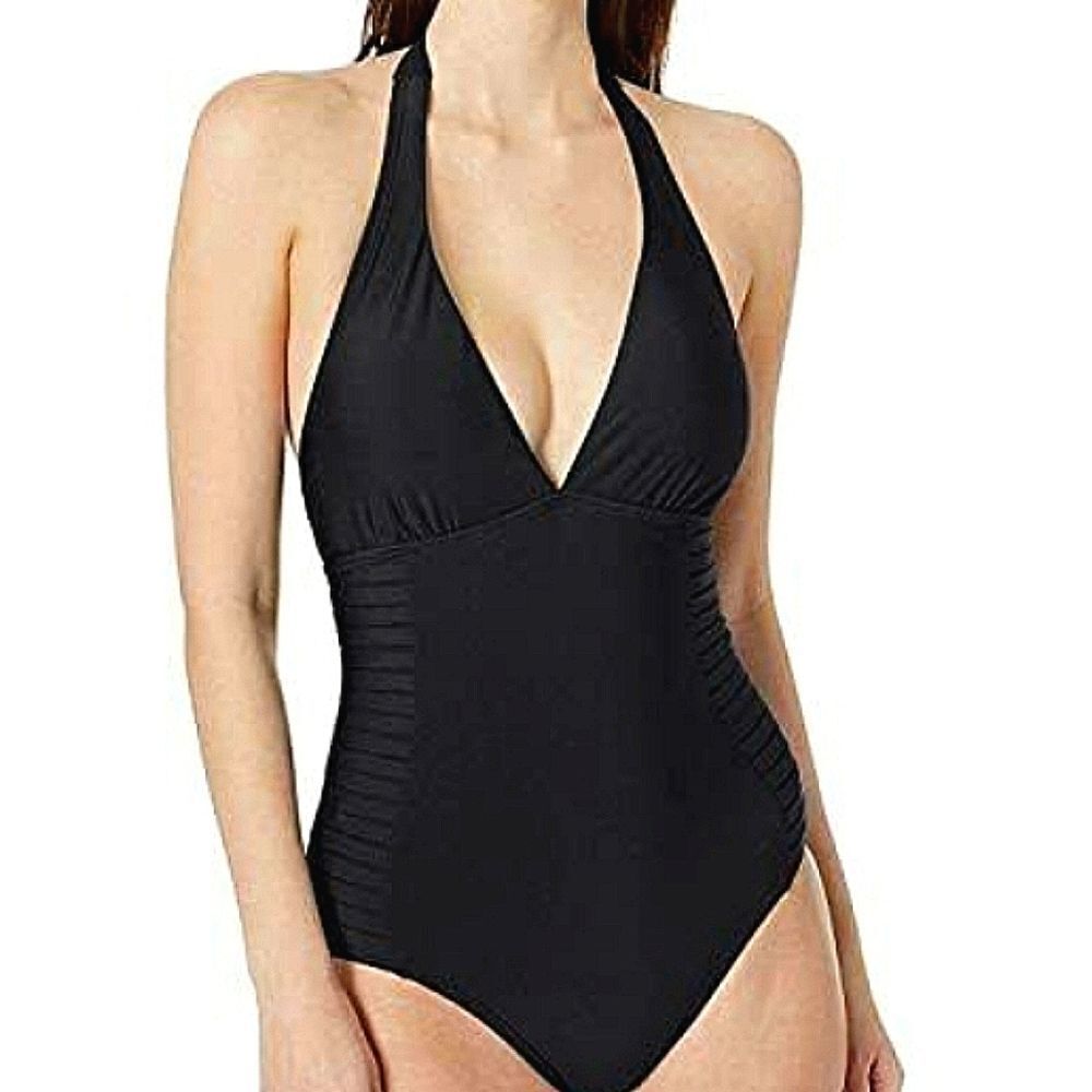 Calvin Klein Size 8 Women's Solid black Halter Side Pleated one piece Swimsuit
